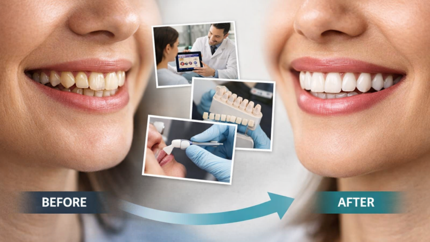 Step-by-step smile makeover process showing before and after transformation