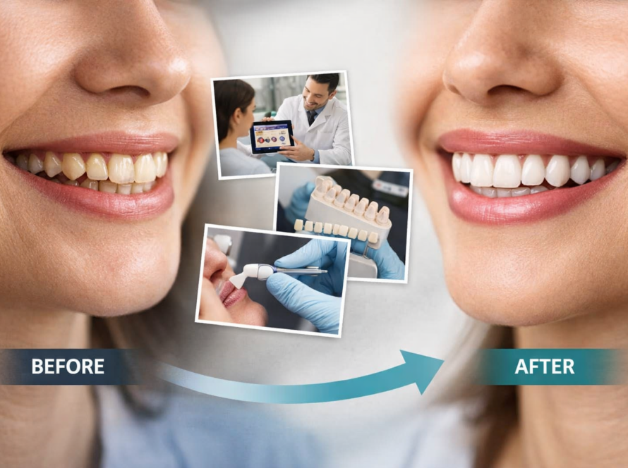 Step-by-step smile makeover process showing before and after transformation
