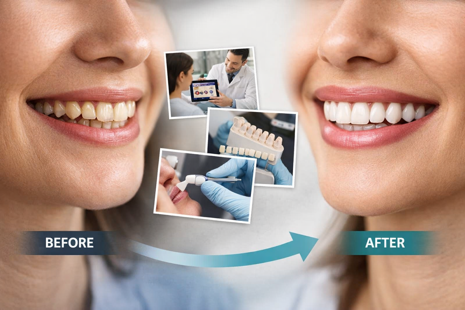 Step-by-step smile makeover process showing before and after transformation