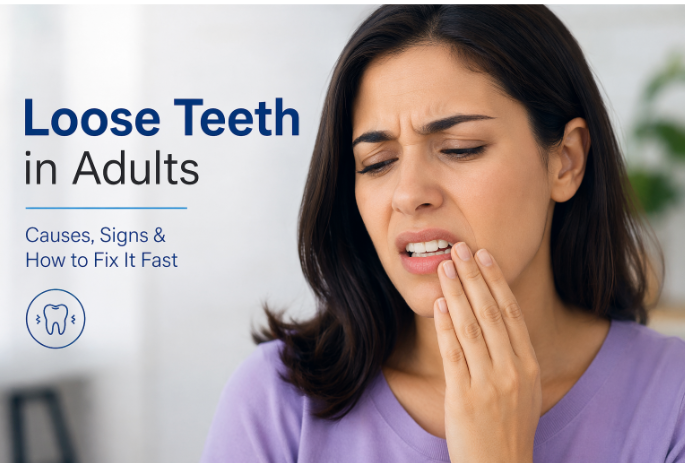 Loose tooth in adult showing gum disease and tooth mobility problem