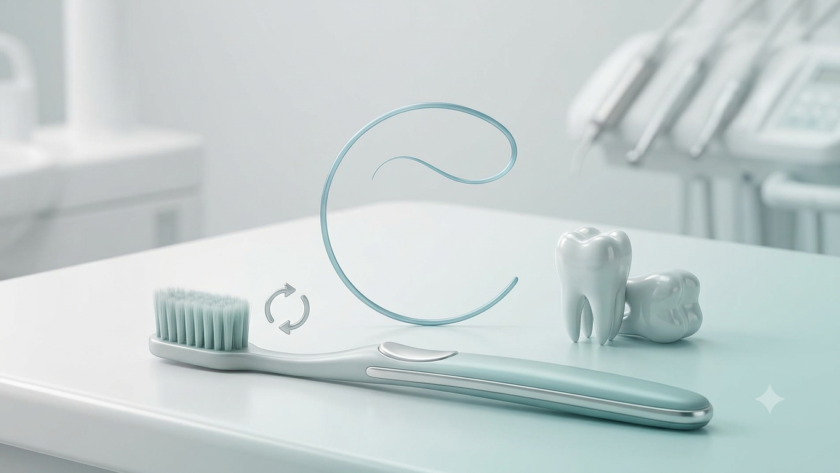 Clean, modern dental care setup featuring an aesthetic toothbrush, dental floss loop, and tooth model on a pristine surface.