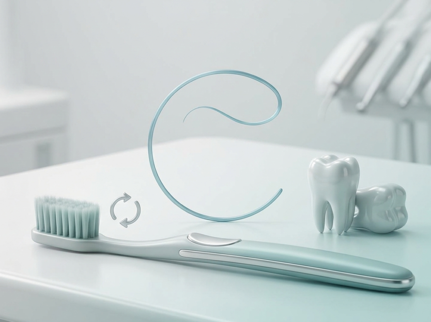 Clean, modern dental care setup featuring an aesthetic toothbrush, dental floss loop, and tooth model on a pristine surface.