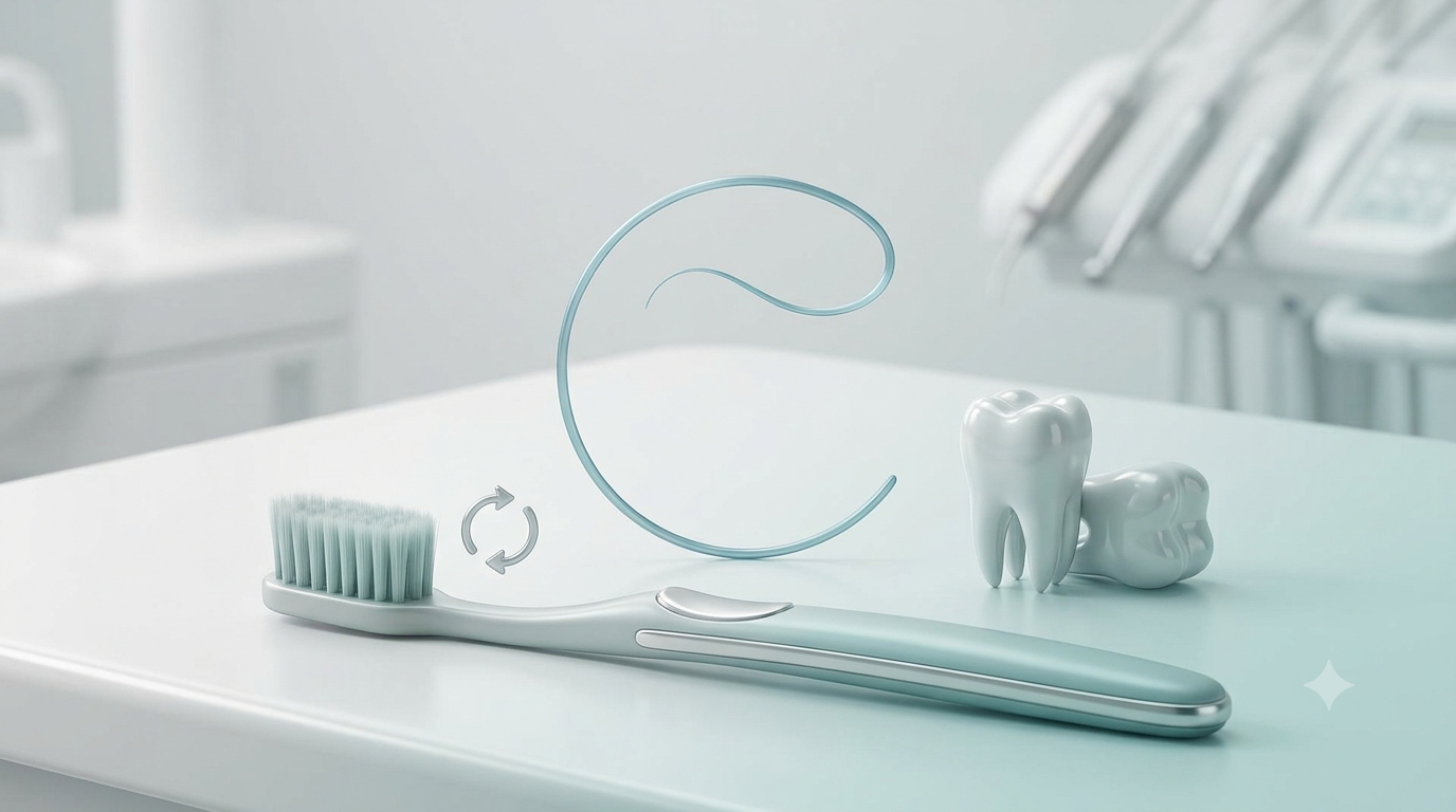 Clean, modern dental care setup featuring an aesthetic toothbrush, dental floss loop, and tooth model on a pristine surface.